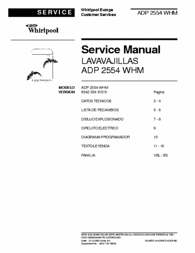 whirlpool ADP2554 VHM LAVAVAJILLAS SERVICE MANUAL (SPANISH)